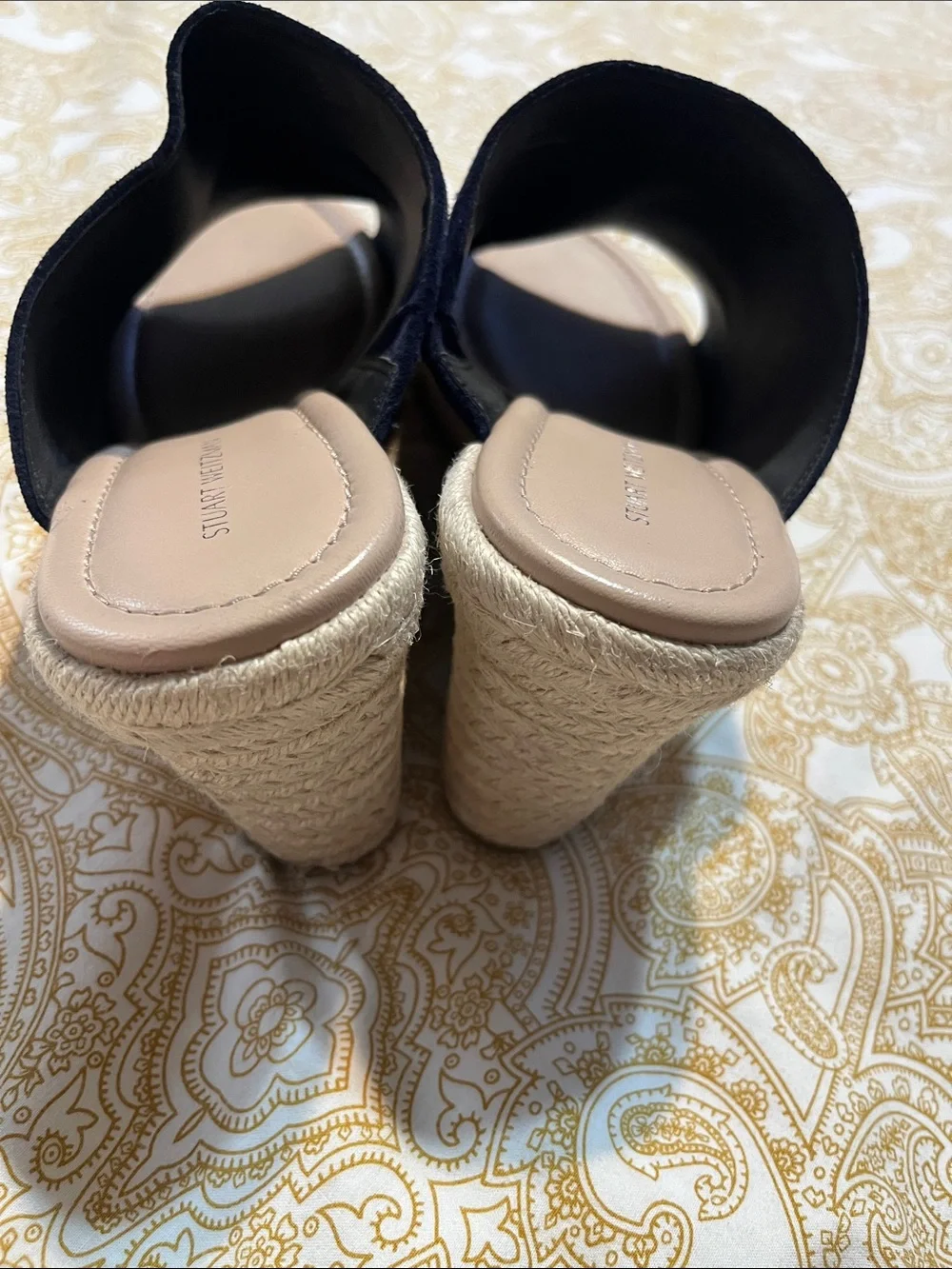 Stuart Weitzman Navy Suede Espadrille Slide Sandals with Tan Footbed - Picture 3 of 10